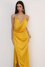 Vestido Longo Cetim Amarelo 