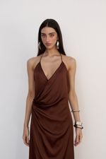 Vestido Longo Cetim Cognac