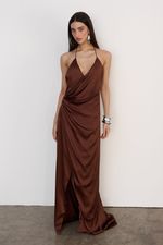 Vestido Longo Cetim Cognac