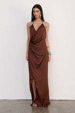 Vestido Longo Cetim Cognac