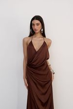 Vestido Longo Cetim Cognac