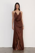 Vestido Longo Cetim Cognac