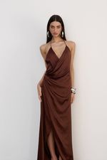 Vestido Longo Cetim Cognac