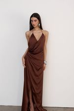 Vestido Longo Cetim Cognac