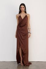 Vestido Longo Cetim Cognac