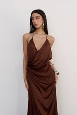 Vestido Longo Cetim Cognac
