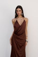Vestido Longo Cetim Cognac