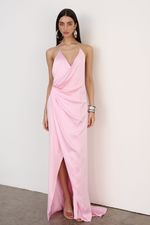 Vestido Longo Cetim Rosa Giz