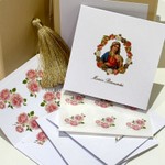 Kit Cartões Nossa Senhora Floral + Envelopes Forrados + Adesivos + Caixa