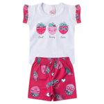 Conjunto Bebê Menina 2 Peças Blusa de Cotton e Short Canelado Sublimado Com Estampas de Morango Tamanhos 1,2,3 Colorido