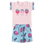 Conjunto Bebê Menina 2 Peças Blusa de Cotton e Short Canelado Sublimado Com Estampas de Morango Tamanhos 1,2,3 Colorido