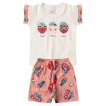 Conjunto Bebê Menina 2 Peças Blusa de Cotton e Short Canelado Sublimado Com Estampas de Morango Tamanhos 1,2,3 Colorido