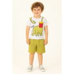 Conjunto Infantil Menino 2 Peças Camiseta em Meia Malha E Bermuda Moletinho Dino Petiscando Tamanhos 1, 2, 3 Anos