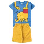 Conjunto Infantil Menino 2 Peças Camiseta em Meia Malha E Bermuda Moletinho Dino Petiscando Tamanhos 1, 2, 3 Anos