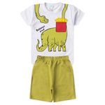 Conjunto Infantil Menino 2 Peças Camiseta em Meia Malha E Bermuda Moletinho Dino Petiscando Tamanhos 1, 2, 3 Anos