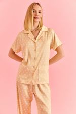 Pijama Clássico Longo Com Botões Em Cetim Estampa Poá