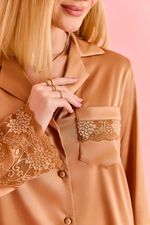 Pijama Clássico Curto Com Renda  Em Cetim  Caramelo