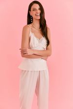 Pijama Longo Com Regata E Renda Em Cetim Off White Bride