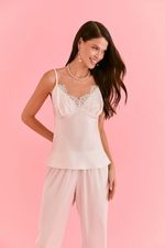 Pijama Longo Com Regata E Renda Em Cetim Off White Bride