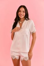Pijama Clássico Curto Com Botões E Renda Em Cetim Off White Bride