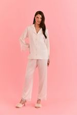 Pijama Clássico Longo Com Botões e Renda Em Cetim Off White Bride