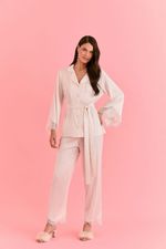 Pijama Clássico Longo Com Botões e Renda Em Cetim Off White Bride
