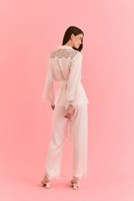 Pijama Clássico Longo Com Botões e Renda Em Cetim Off White Bride