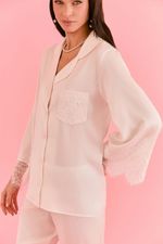 Pijama Clássico Longo Com Botões e Renda Em Cetim Off White Bride