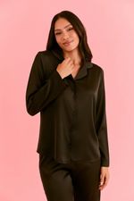 Pijama Clássico Longo com Botões em Cetim Preto Essencial