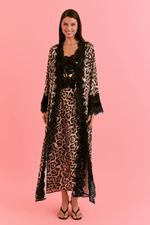Robe Longo Com Renda Em Cetim Estampa Onça