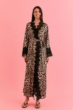 Robe Longo Com Renda Em Cetim Estampa Onça
