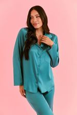Pijama Clássico Longo Com Botões Em Cetim Teal 