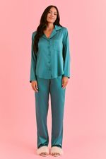 Pijama Clássico Longo Com Botões Em Cetim Teal 