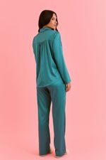 Pijama Clássico Longo Com Botões Em Cetim Teal 