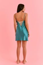 Camisola Curta Com Renda Em Cetim Teal 