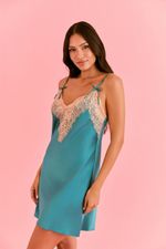 Camisola Curta Com Renda Em Cetim Teal 
