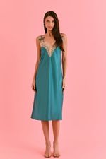 Camisola Midi Com Renda Em Cetim Teal 