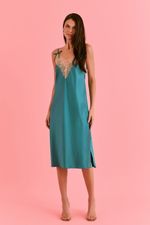 Camisola Midi Com Renda Em Cetim Teal 