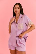 Pijama Clássico Curto Com Botões e Renda Em Cetim Lilac 