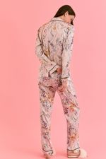 Pijama Clássico Longo Com Botões Em Cetim Com Vivo Verde Musgo Estampa Floral Lilac 