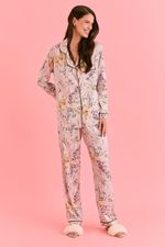 Pijama Clássico Longo Com Botões Em Cetim Com Vivo Verde Musgo Estampa Floral Lilac 