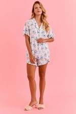 Pijama Clássico Curto Com Botões E Babados Em Viscose Estampa Laços Azul 