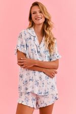 Pijama Clássico Curto Com Botões E Babados Em Viscose Estampa Laços Azul 