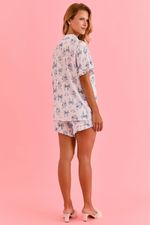 Pijama Clássico Curto Com Botões E Babados Em Viscose Estampa Laços Azul 
