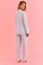 Pijama Clássico Longo Com Botões E Vivo Off White Em Malha Modal Azul Aura 