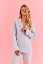Pijama Clássico Longo Com Botões E Vivo Off White Em Malha Modal Azul Aura 