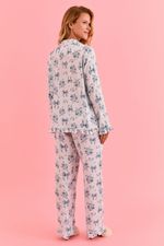 Pijama Clássico Longo Com Botões E Babados Em Viscose Estampa Laços Azul