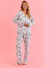 Pijama Clássico Longo Com Botões E Babados Em Viscose Estampa Laços Azul
