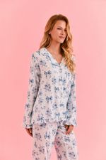 Pijama Clássico Longo Com Botões E Babados Em Viscose Estampa Laços Azul