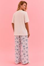 Pijama Longo Com T-shirt Off White E Silk Com Calça Em Viscose Estampa Laços Azul